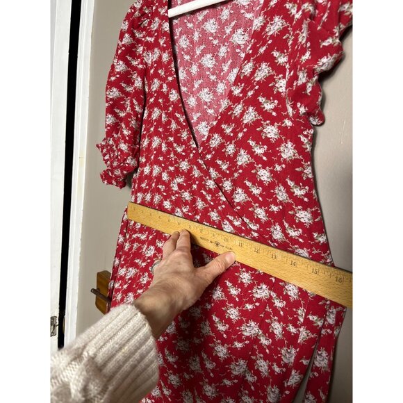 Natural Life Wrap Dress Red Maxi Puff Sleeve Aline Cottage Ditzy Floral Women XS - Picture 7 of 10
